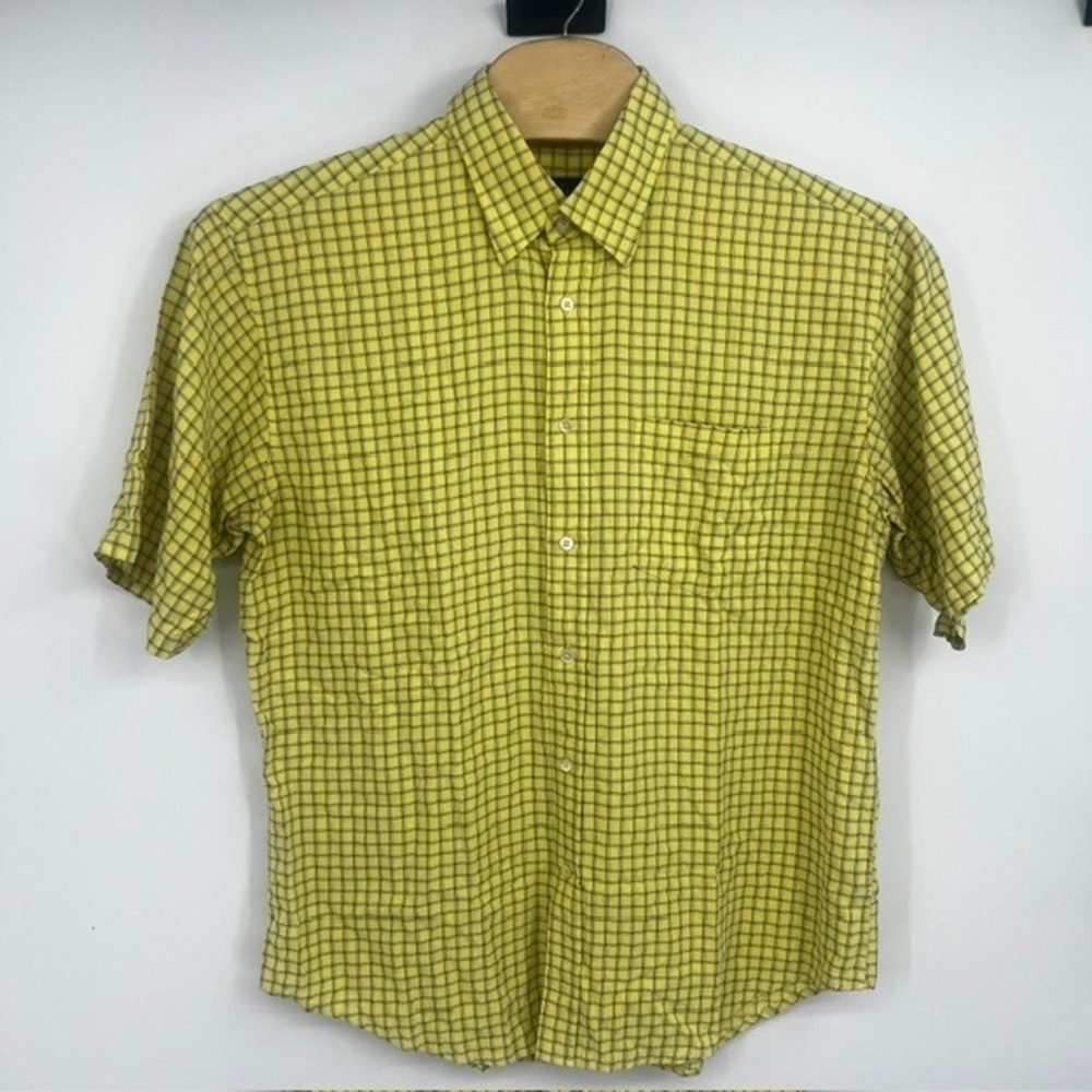Bugatchi Uomo Mens XL Yellow Plaid Short Sleeve Button Down Shirt Modal Blend